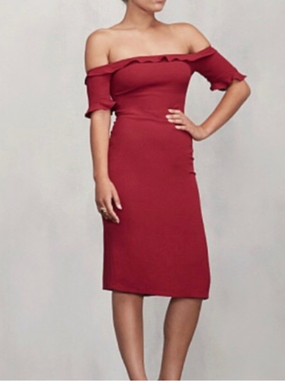 Reformation Off-Shoulder Midi Dress in Red